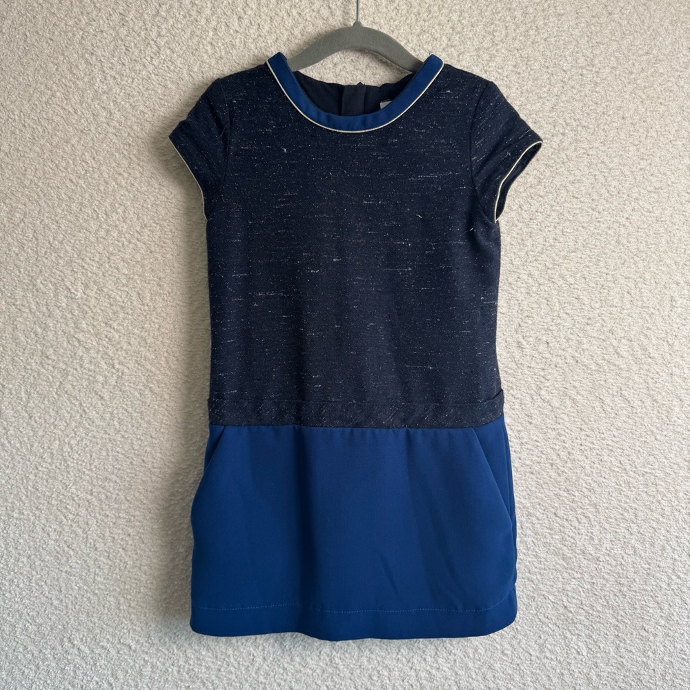 Chloé Girl’s Two Tone Navy Cotton Wool Silk Drop Waist Boucle Dress Size 6